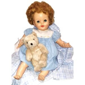 20" Rare VNTG "Cuddles Up" Drink, Wet, Cry, Stuffed Vinyl Baby W/Bear & Blanket